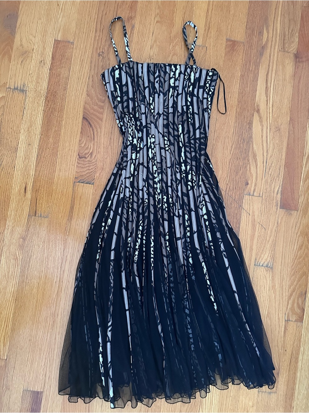 Black and Cream Pleated Spaghetti-Strap Dress